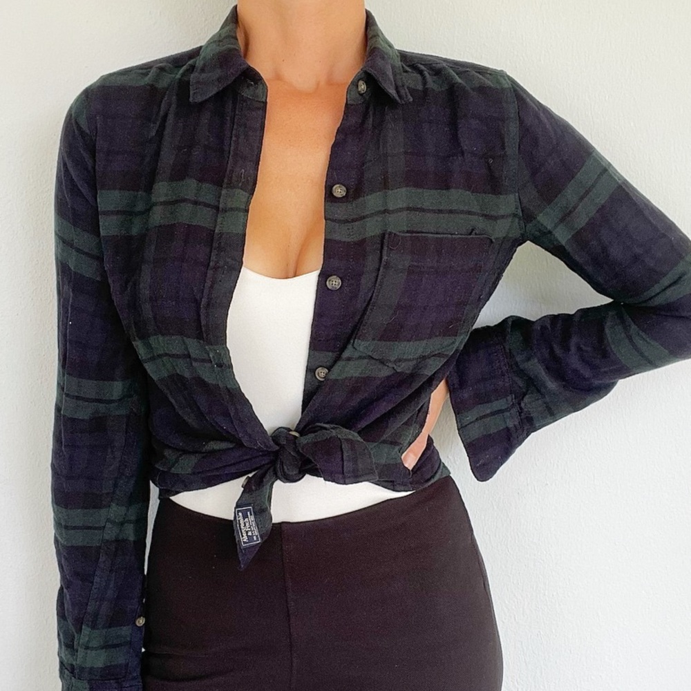 Abercrombie & Fitch green navy flannel plaid button down shirt size XS